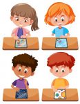 cartoon image of 4 children using a tablet individually