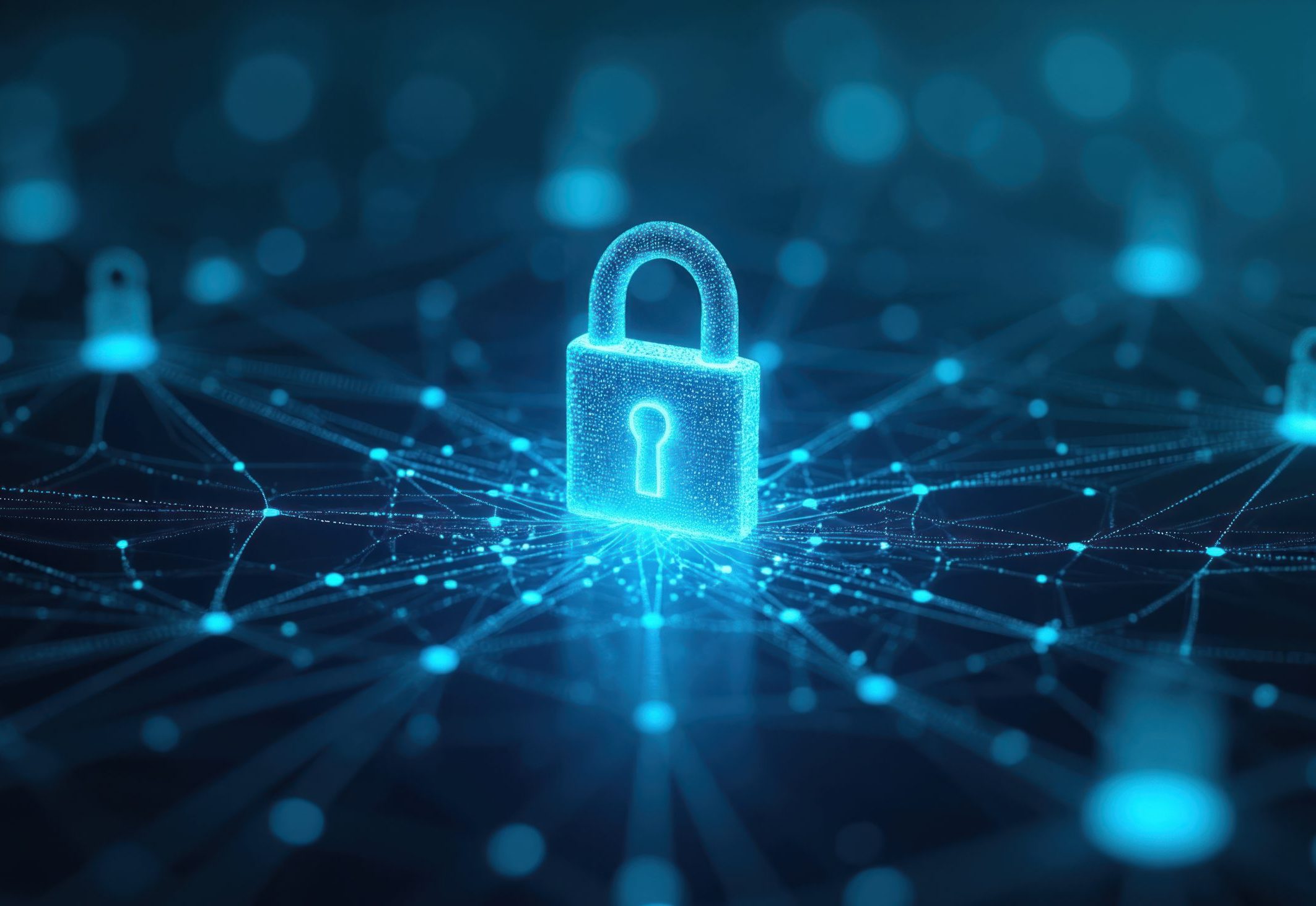 Digital padlock icon glowing on abstract network.