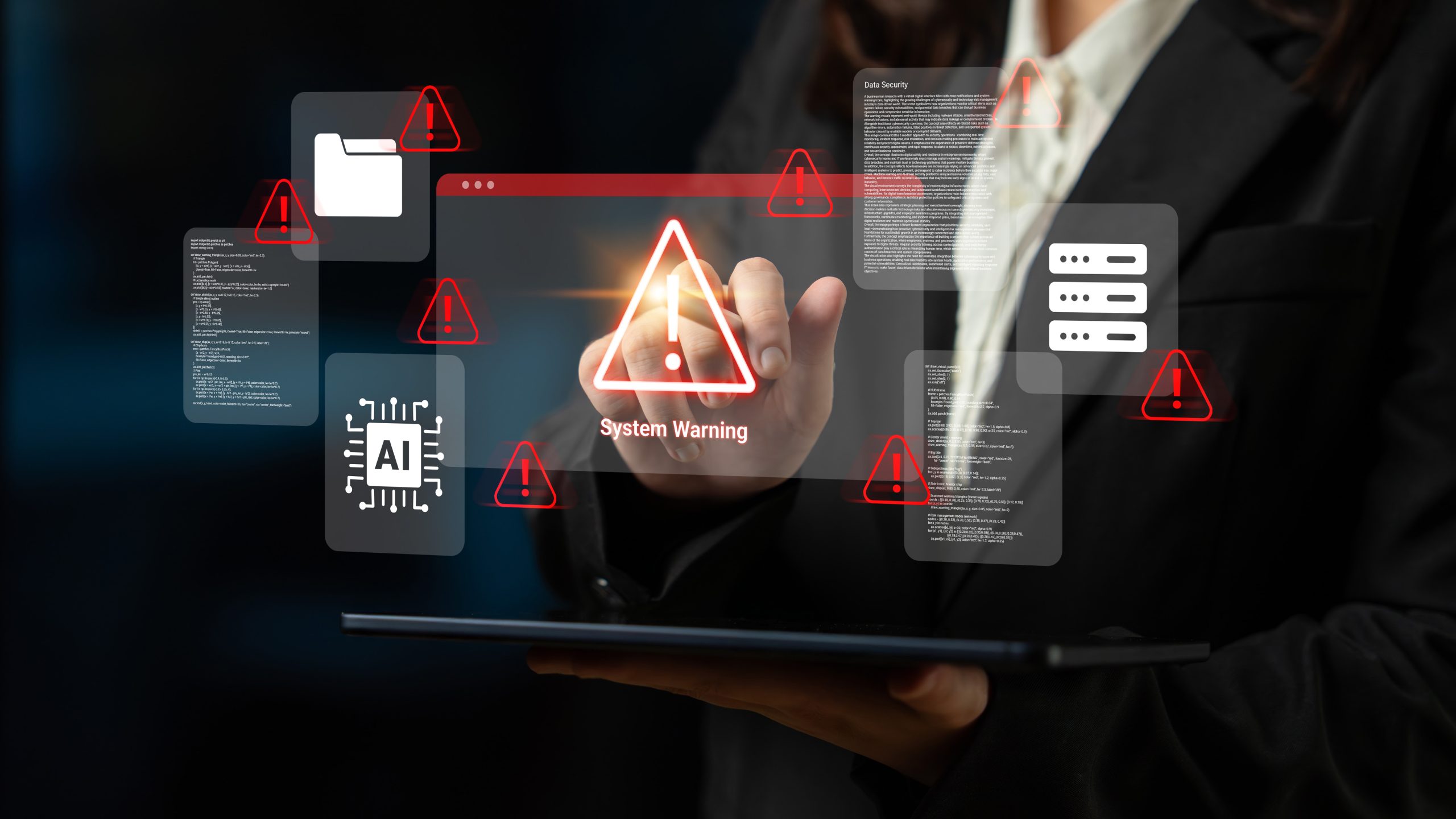 A business professional engages with a digital warning system, showcasing the importance of cybersecurity in modern office environments and the vigilance required for data protection. 