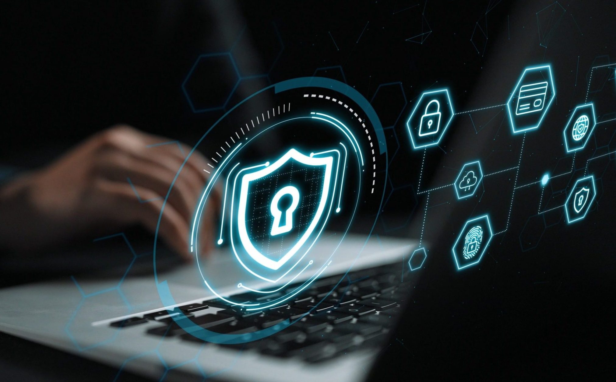 Secure Digital Environment with Laptop and Cybersecurity Icons.