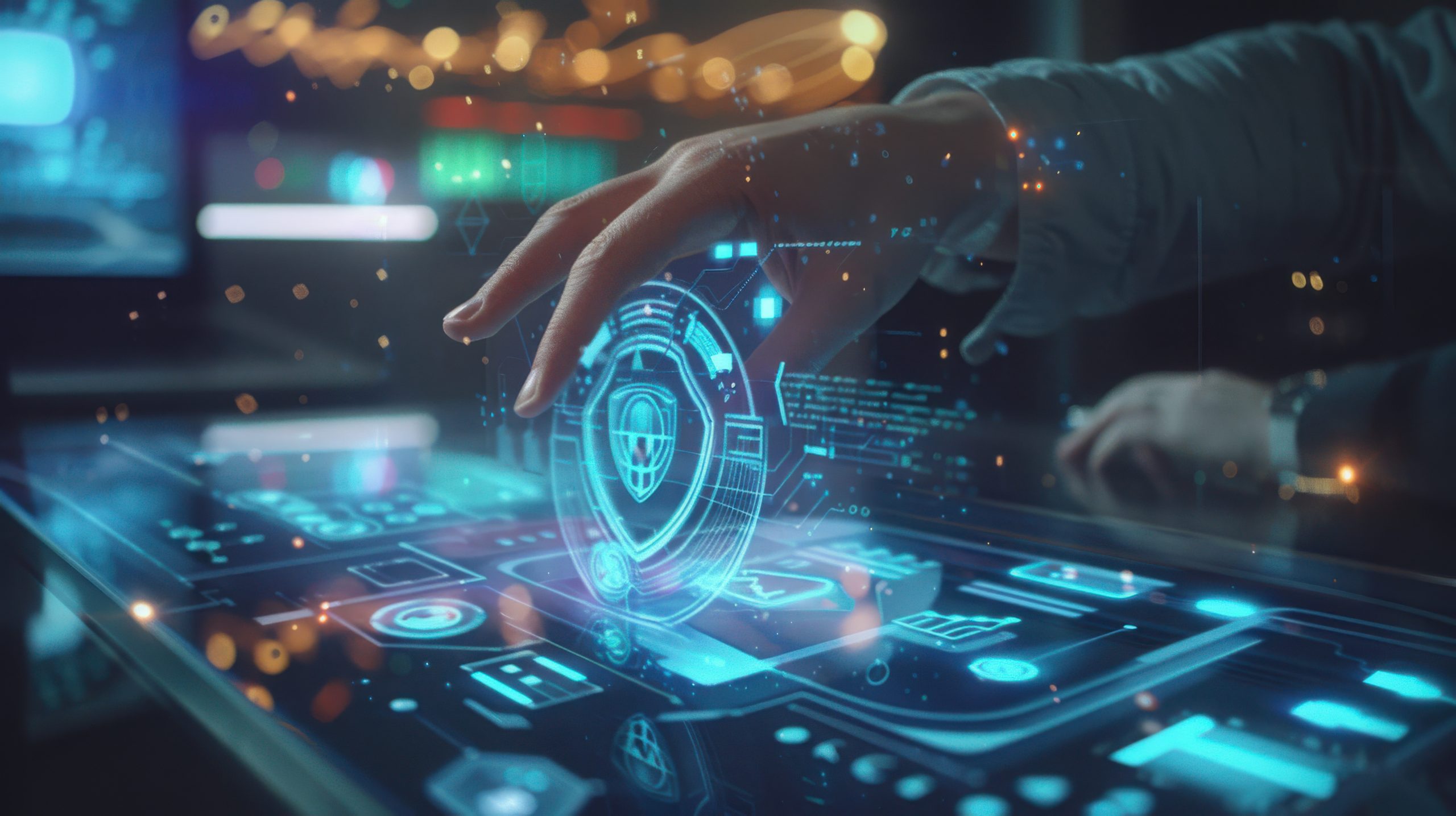 Finger touches a glowing digital shield icon projected on a transparent screen.