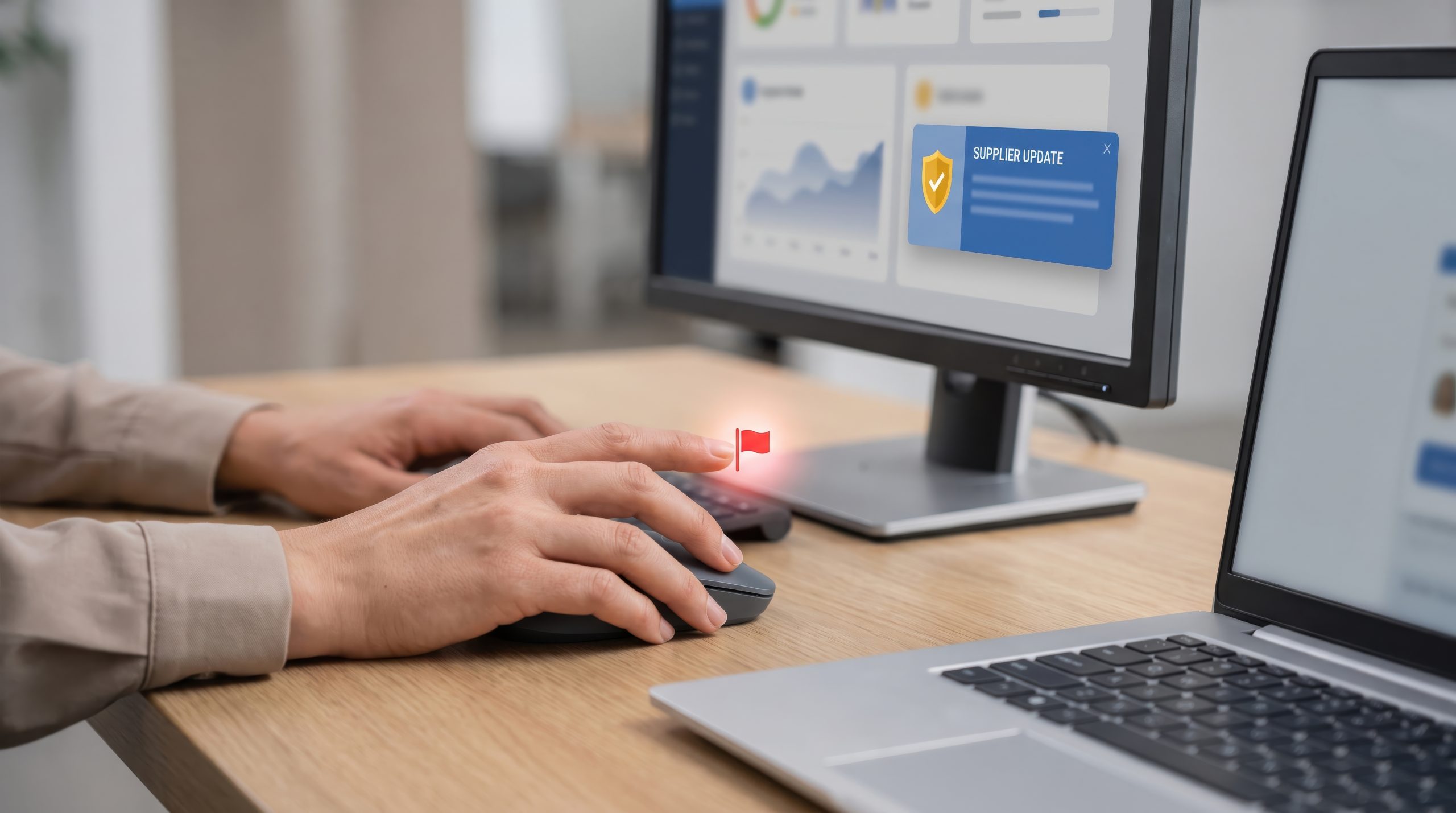 Person working on computer with cybersecurity and data protection visuals.
